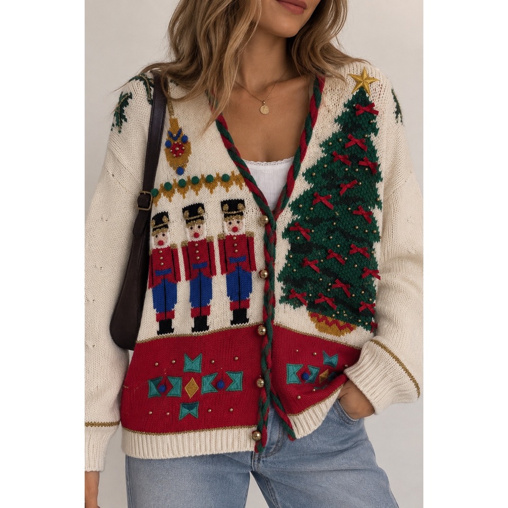 Petite Sophisticate Vintage Christmas Nutcracker Cardigan Sweater Small